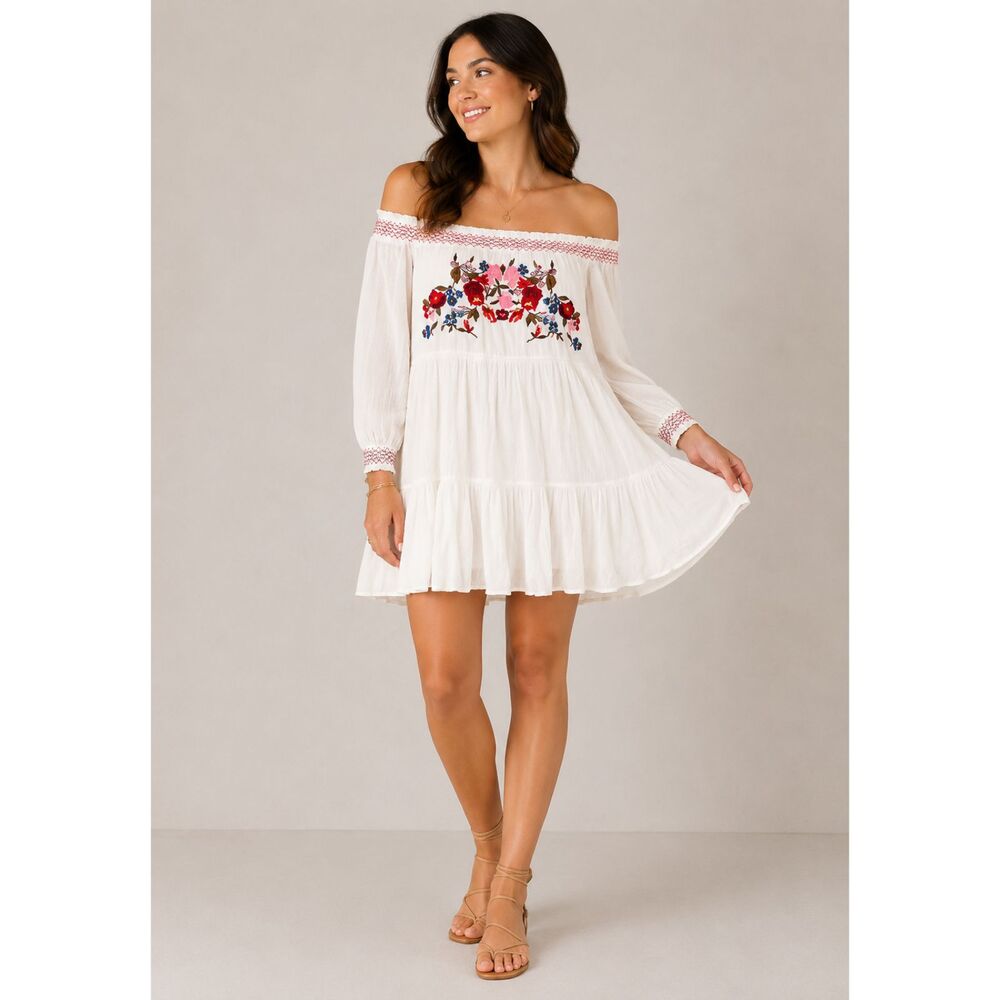 Free People Sunbeam Embroidered Off The Shoulder Mini Dress Ivory S